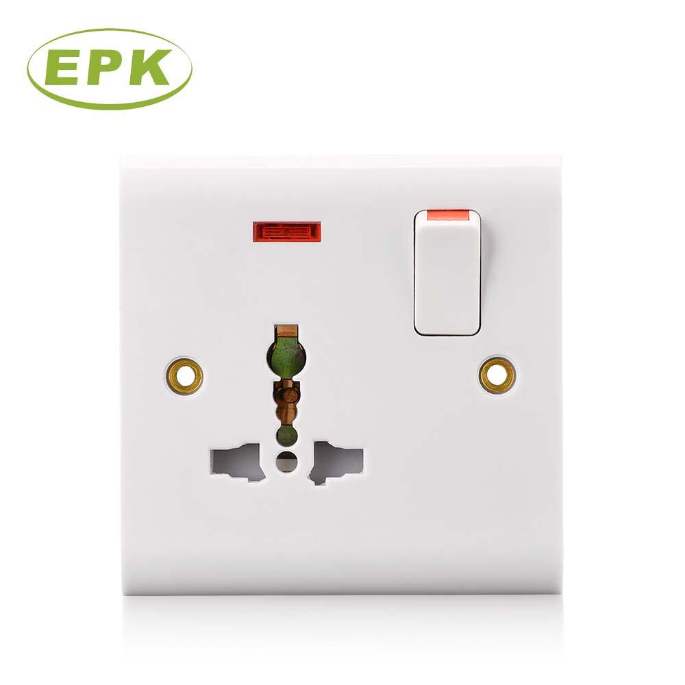 Universal 86mm x 86mm Multi Switched Socket with Light (Model 8955SL), 13A Rated, 220-250V, BS 1363 Compliant, White Bakelite Panel, Copper Terminal, Over 15,000 Cycles Lifespan, Screwed Installation, UK Standard Multi-Function Wall Power Outlet for Resid