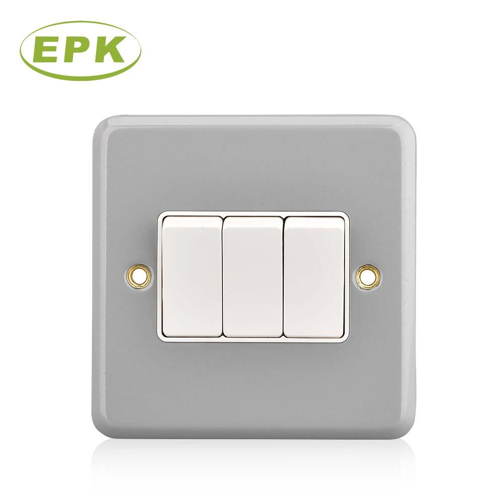 EPK Model 3032 Metal Clad 3 Gang 2 Way Light Switch, 10A 250V Surface Mounted Industrial Wall Switch, Triple Rocker Heavy Duty Grey Stainless Steel & PC Panel, 86mm x 86mm x 46.3mm Multi-Control Electrical Switch