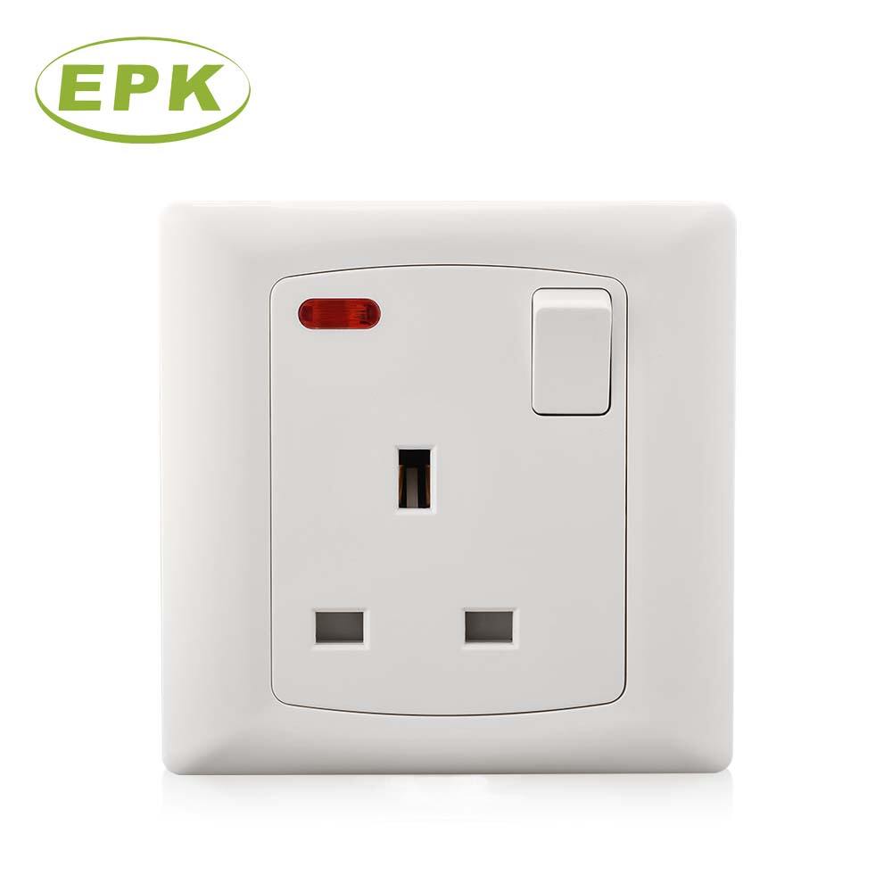 Single 13A Switched Wall Socket with Neon Indicator Light (Model 8613SL), Alpha Series, 86mm x 86mm PC Panel, 220-250V Rated, Copper Terminal, 15,000 Cycles Lifespan, BS 1363 Compliant Power Outlet for UK and Global Markets