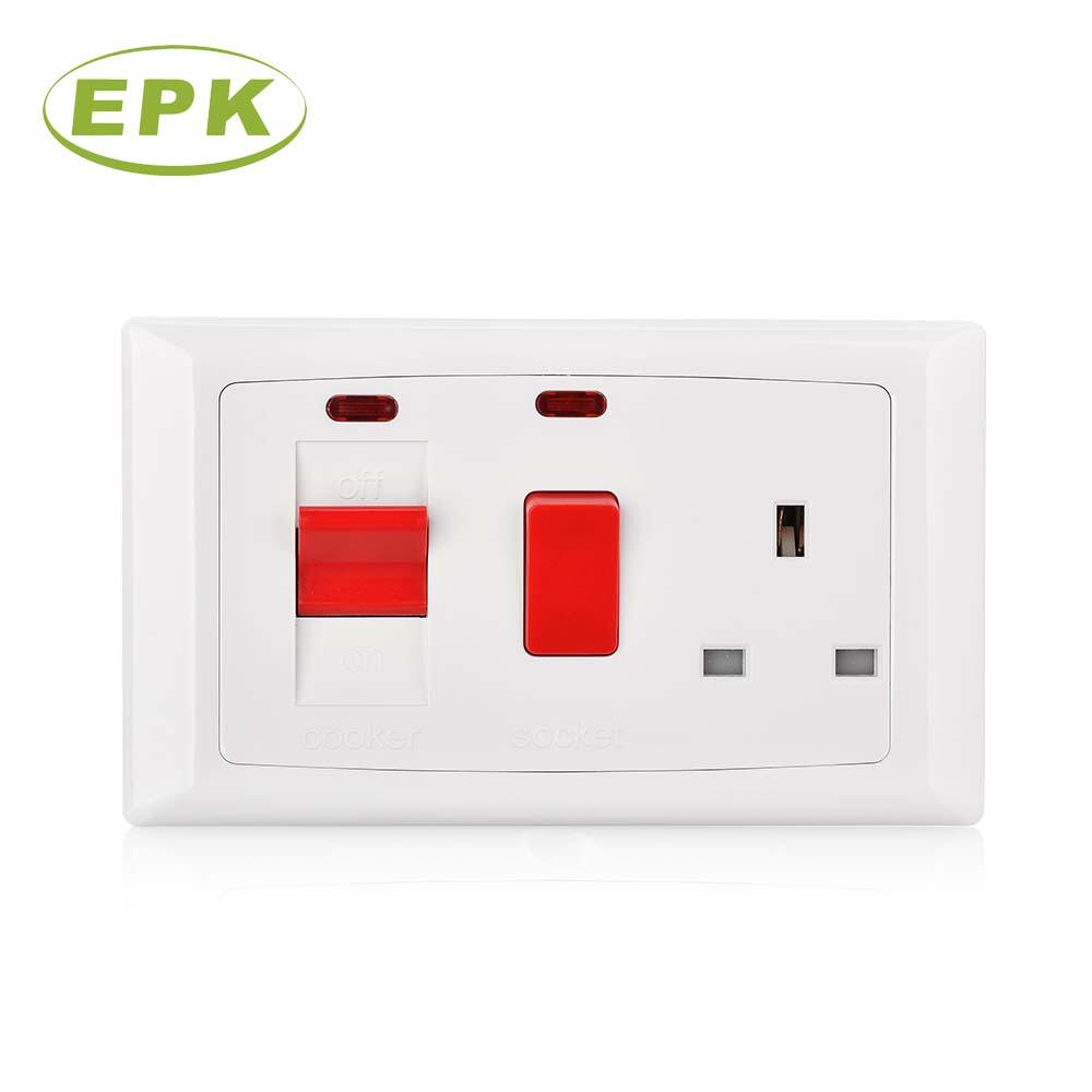 Premium Alpha Series 45A Cooker Control Unit with 13A Switched Socket and Neon Indicators (Model 2648L) - Double Gang, White PC Panel, Copper Contacts, BS 4177 Standard Compliant | Heavy-Duty Wall Mounted Cooker Switch for High-Power Kitchen Appliances | 