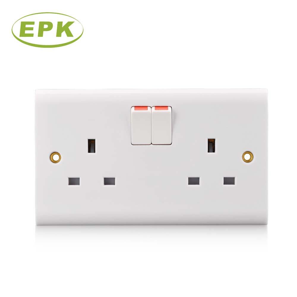 High-Quality Wood Grain Finish Double 2-Gang 13A Switched Socket (Model 8913SD) | BS 1363 Standard Wall Power Outlet | Bakelite Panel | 220-250V AC for UK & Overseas Markets