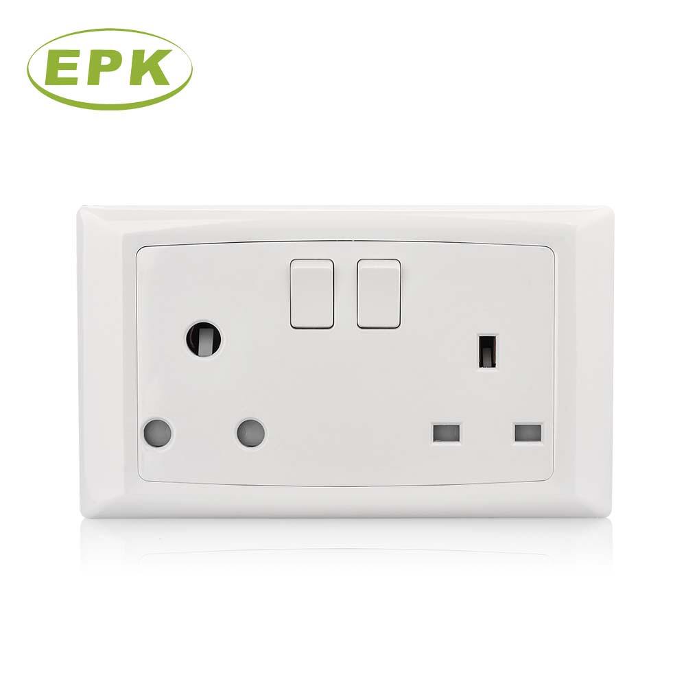 Innovative Dual Standard Switched Socket (13A UK + 15A Round Pin) | 2 Gang Mixed Power Outlet 220-250V | BS 1363 & BS 546 Compliant White PC Panel | Model 8618SD Alpha Series for International Markets