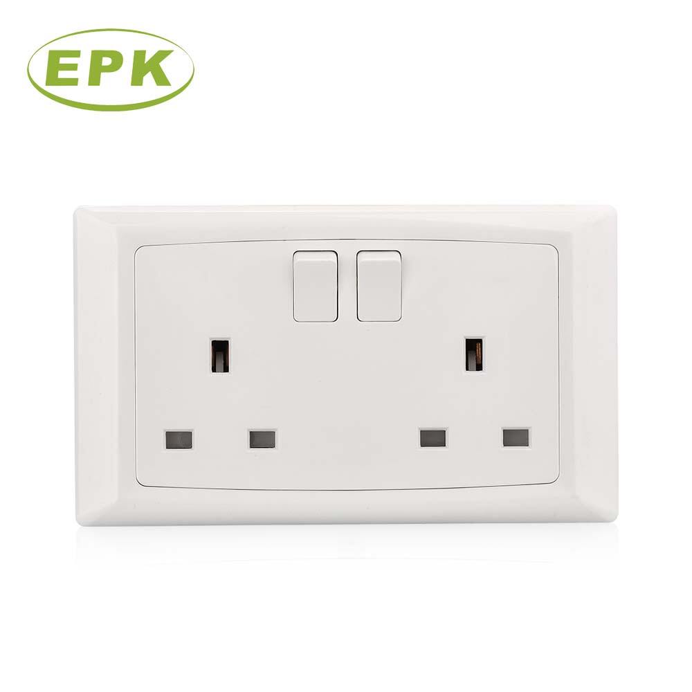 High-Quality White PC Panel 2 Gang 13A Switched Socket Outlet for Residential and Commercial Use | 220-250V BS 1363-2 Standard Double UK Wall Power Socket | Model 8613SD Alpha Series