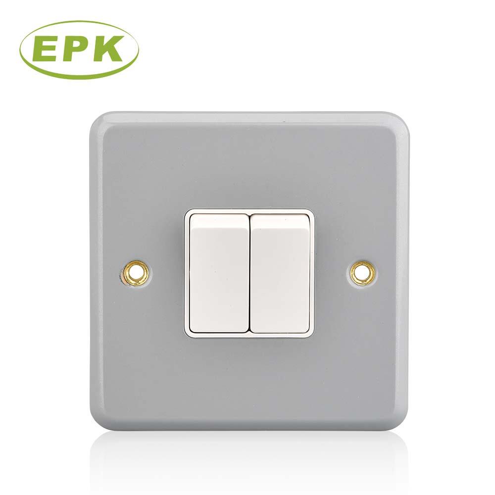 EPK Model 3022 Metal Clad 2 Gang 2 Way Light Switch, 10A 250V Surface Mounted Electrical Wall Switch, Dual Rocker Industrial Grey Stainless Steel & PC Panel, 86mm x 86mm x 46.3mm Heavy Duty Power Control Switch