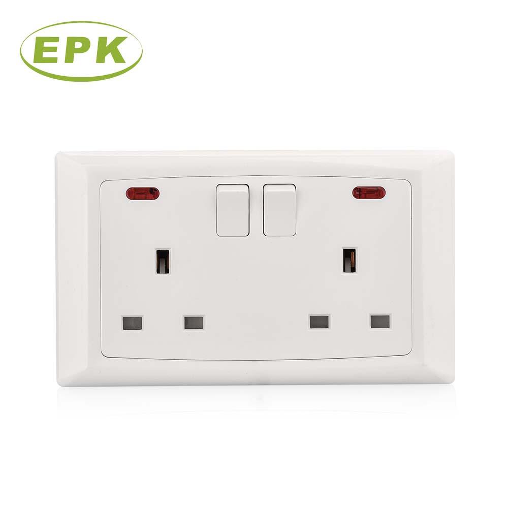 Dual 13A Switched Socket with Neon Indicator Light (Model 8613SDL), Alpha Series, 146mm x 86mm PC Panel, 220-250V Rated, Copper Terminal, 15,000 Cycles Lifespan, BS 1363-2 Compliant Double Wall Socket for UK and International Markets