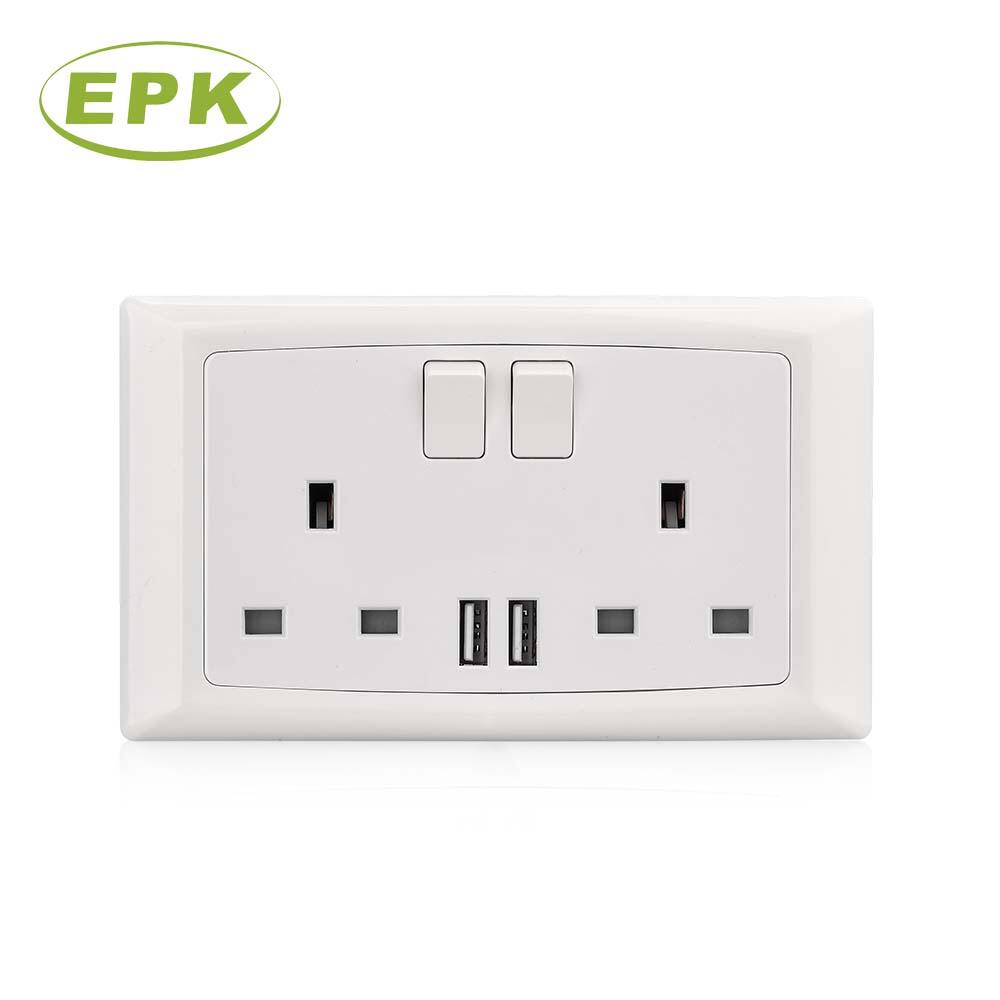 Double 13A Switched Wall Socket with Dual USB-A Charging Ports (Model 8659SD), Alpha Series, 146mm x 86mm PC Panel, 220-250V AC, Copper Terminal, 15,000 Cycles, BS EN 61000-6-3 Compliant Double Power Outlet for Modern Residential & Commercial Spaces