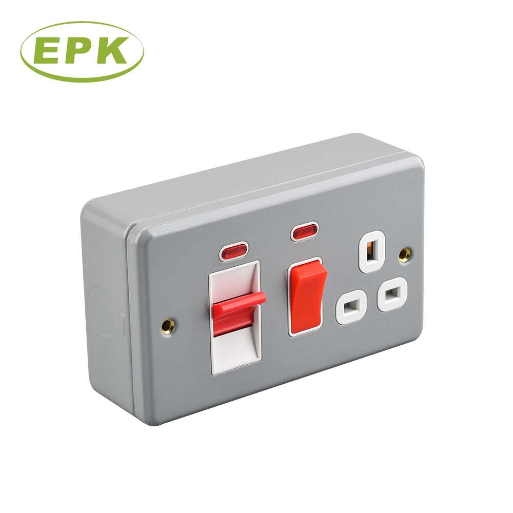 3048L Industrial Metal Clad 45A Double Pole Cooker Unit Grey Surface Mounted Heavy Duty Cooker Switch with 13A Switched Socket BS 4177 Standard Compliance Durable Stainless Steel and PC Panel Copper Terminals