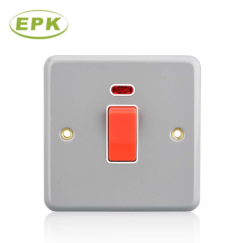 EPK Model 3020 Metal Clad 20A Double Pole Switch with Neon Indicator, 250V Surface Mounted Heavy Duty Electrical Wall Switch, Industrial Grey Stainless Steel & PC Panel, 86mm x 86mm x 46.3mm Durable DP Switch for High-Power Appliances