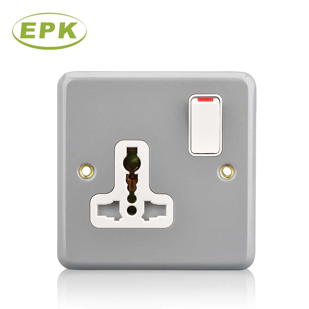 3955S Industrial Metal Clad 13A Switched Universal Socket Grey Surface Mounted Single Gang Wall Socket BS 5733 Standard Compliance Durable Stainless Steel and PC Panel Copper Internal Terminals Heavy Duty Multi-Plug Power Outlet