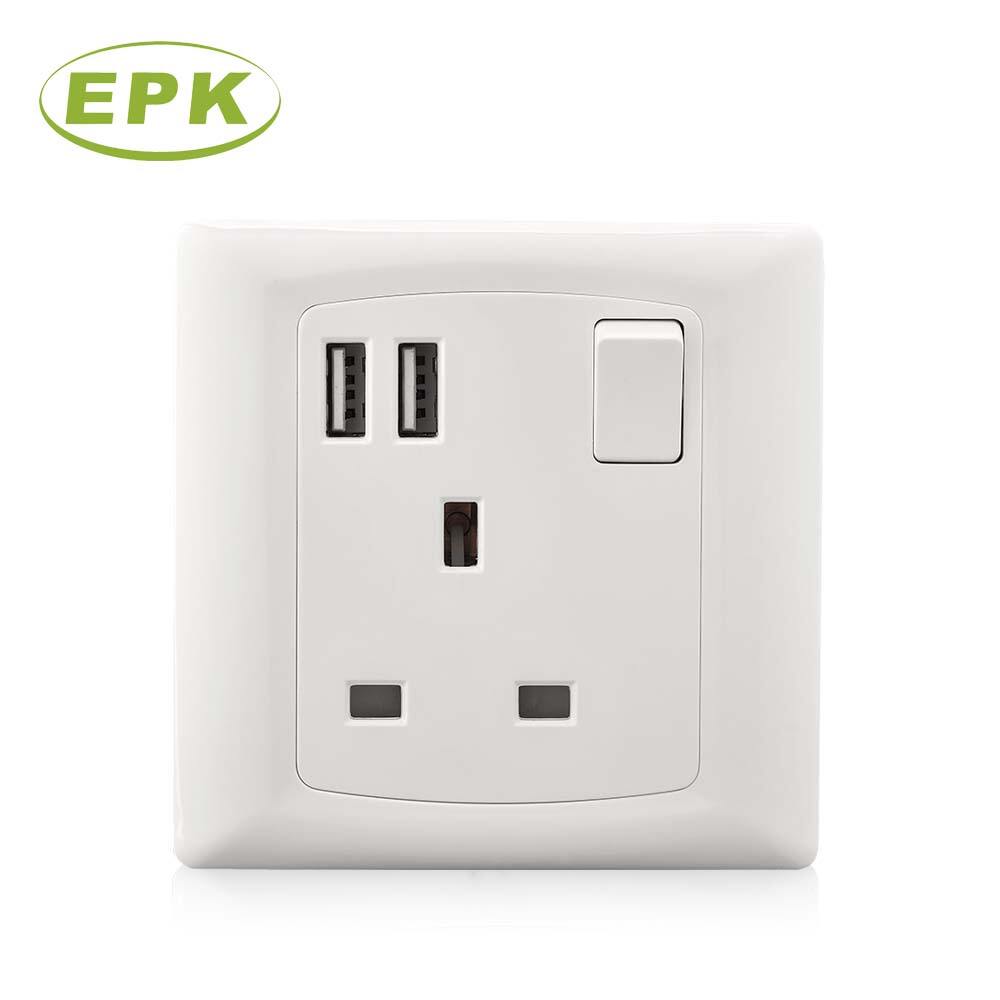 Integrated 86mm x 86mm Single 13A Switched Socket with Dual USB-A Charging Ports (Model 8659S), Alpha Series, 220-250V AC, PC Panel, Copper Terminals, BS EN 61000-6-3 Compliant Wall Charger and Power Outlet Solution