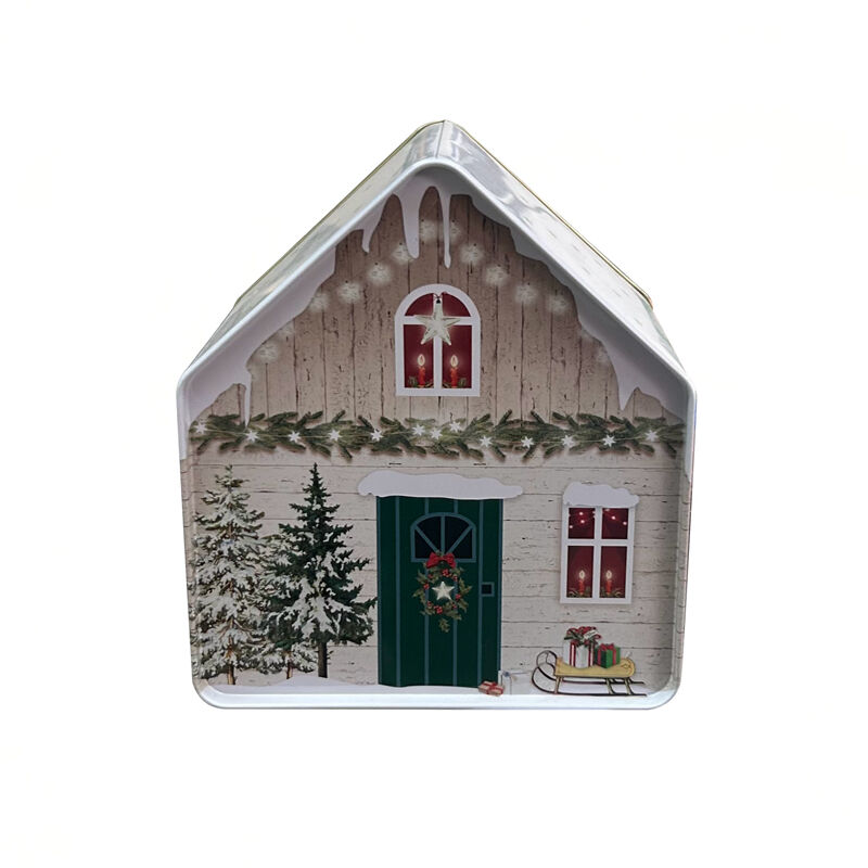 house shape Christmas tin box