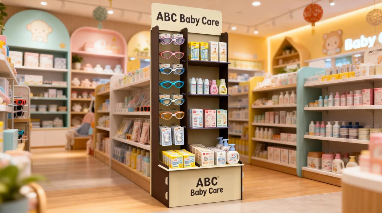 Apache Custom Wooden Baby Care Products Display Rack Retail Store Double-Sided Floor Standing Baby Supplies MDF Display Shelf for Mother and Child Shop