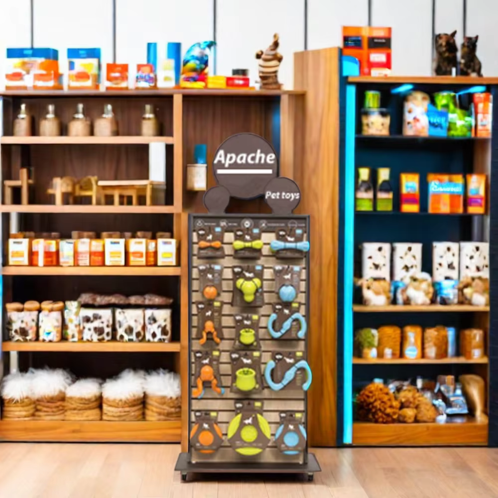 Apache Customizable Modern Wooden Display Racks Painted for Pet Food and Toy Storage for Pet Shop Display factory