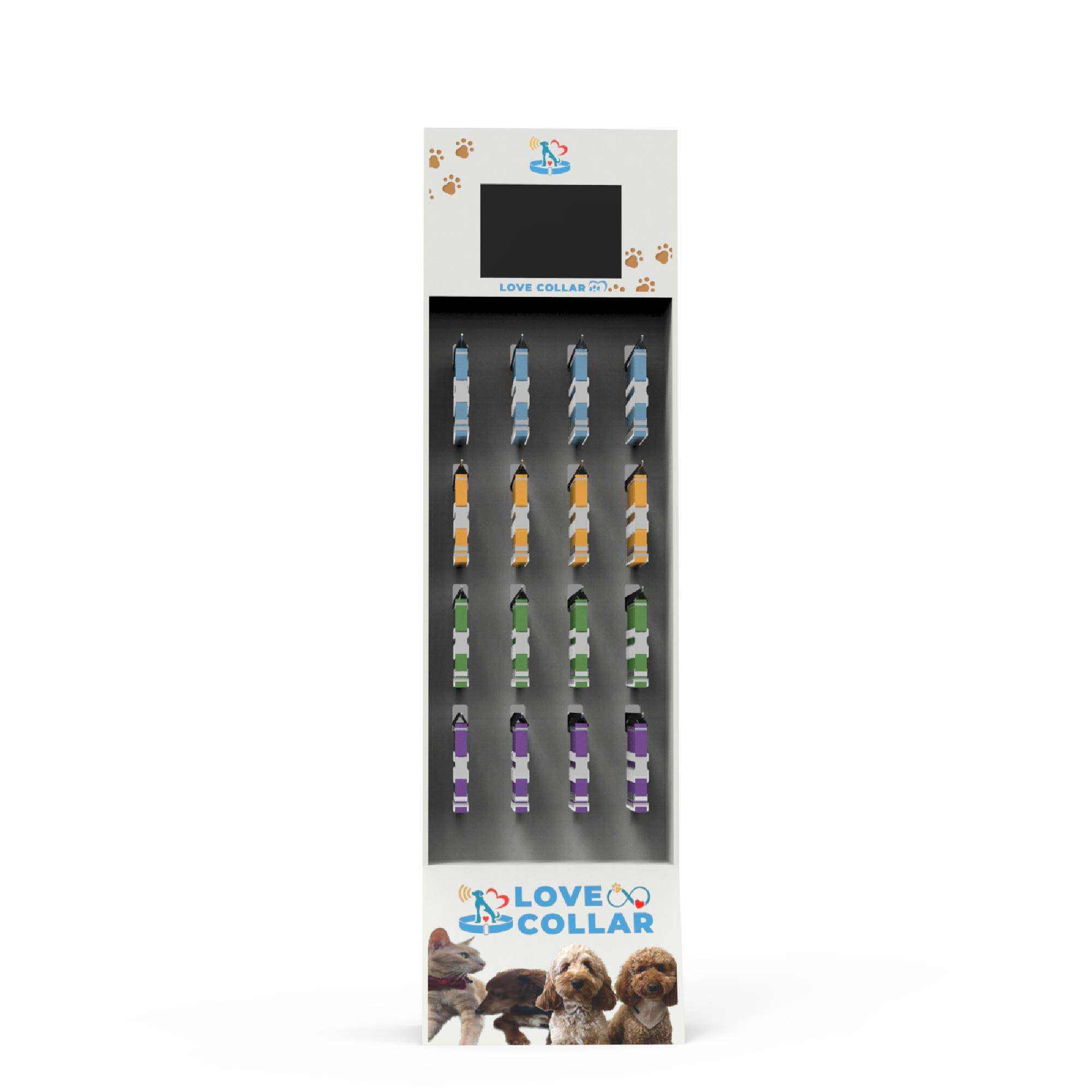 Présentoir moderne debout pour nourriture animale, en carton durable avec écran LCD, présentoir personnalisé pour chiens et chats