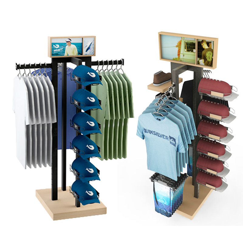 Support de présentation en bois Apache Custom pour vêtements, présentoir pour t-shirts et casquettes