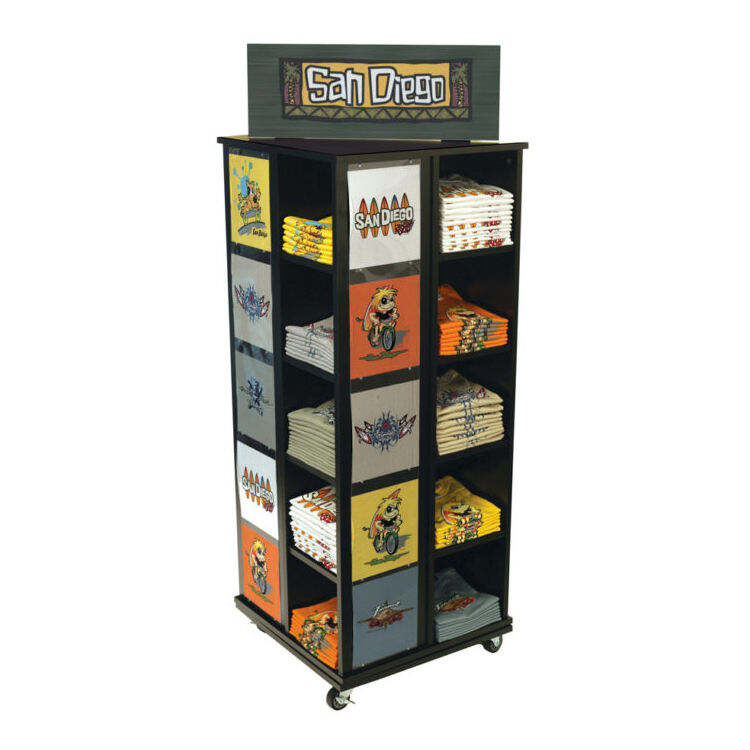Présentoir rotatif en bois très vendu avec armoire pour boutique, présentoirs de vêtements avec logo personnalisé