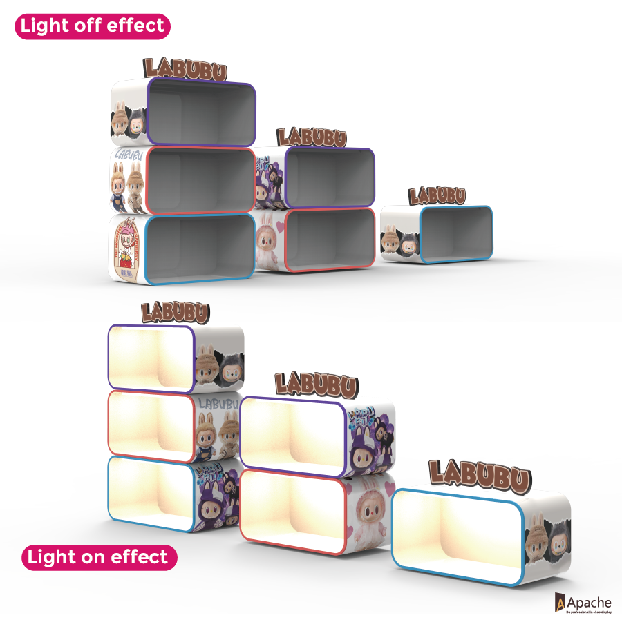 خزانة عرض مخصصة من الأكريليك بإضاءة LED لدمية لابوبو المحظوظة (Labubu Blind Box) لوضعها على المكتب، مع إضاءة لديكور المنزل