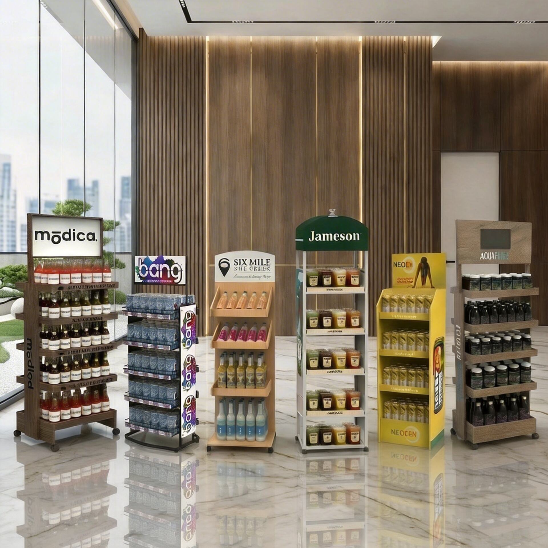 Étagère personnalisée Apache pour bière, soda et vin, présentoir à boissons sur comptoir ou au sol pour bars et magasins de détail, matériaux acrylique, métal et bois, logo, dimensions et couleur personnalisables, conception 3D gratuite sous 24 heures, échantillon unitaire, service OEM et ODM