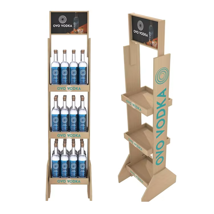 apache modern foldable wooden display rack durable whiskey bottle showcase for supermarket floor display stand-0