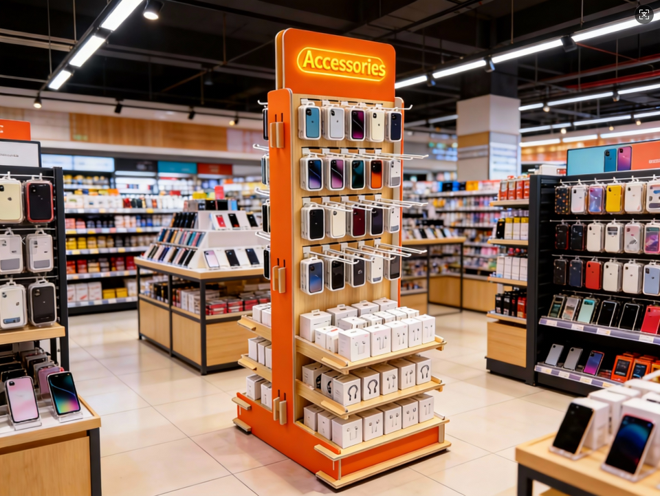 アパッチ社製カスタム穿孔木製ボード式垂直スマートフォンアクセサリーディスプレイスタンド（iPhone店舗向け、小売店向け、フック付き）