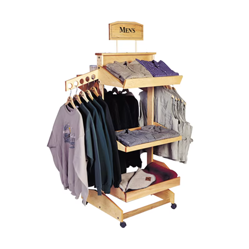 Apache Custom wood apparel display stand clothing display rack for t-shirt & cap factory