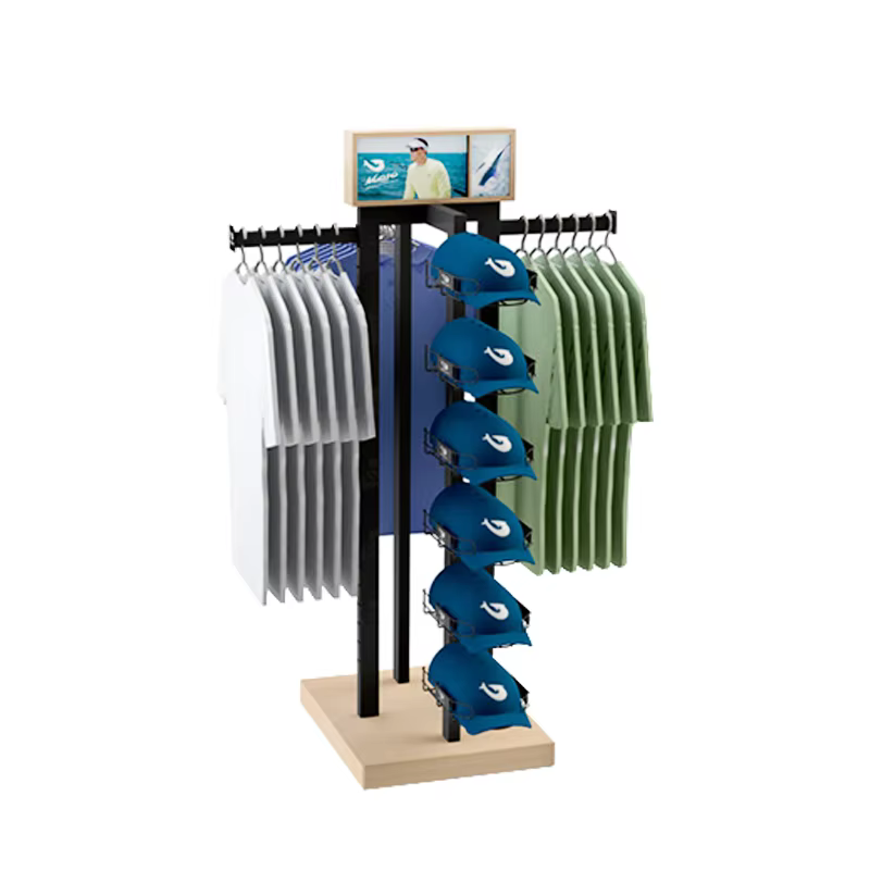 Apache Custom wood apparel display stand clothing display rack for t-shirt & cap supplier
