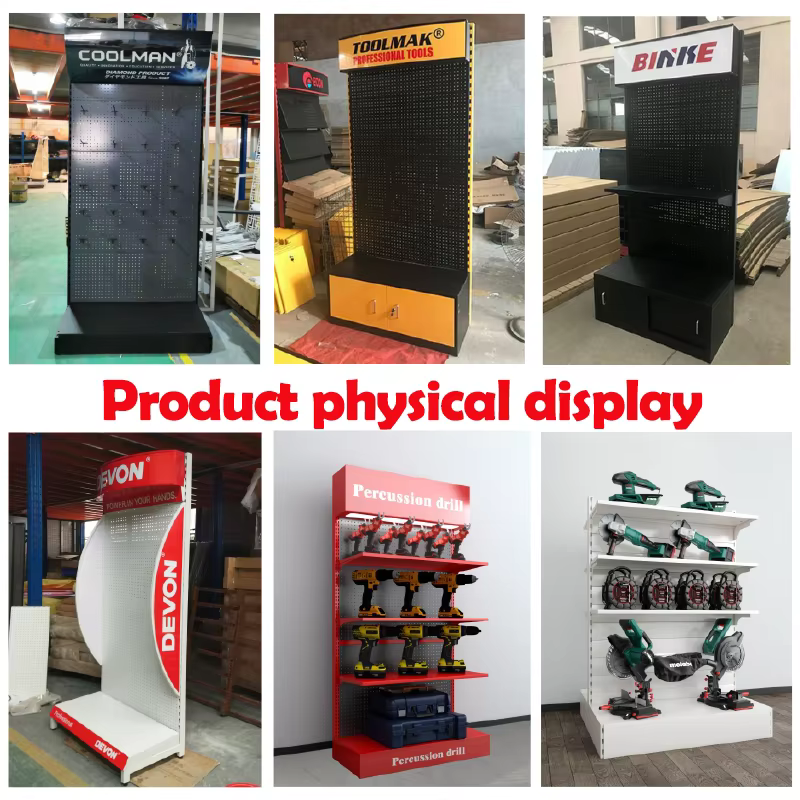 Apache Customized Metal Orifice Plate Decorative Electrical Tool Display Rack for Stores for Supermarket Shelves manufacture