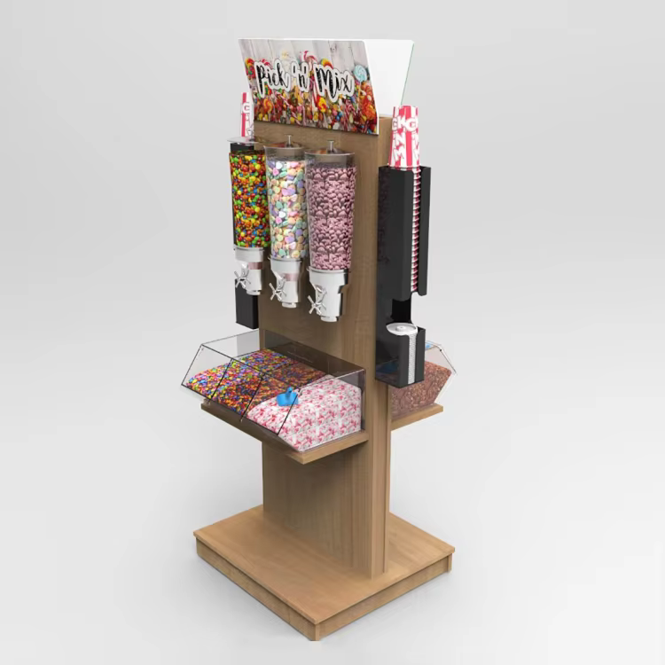 Free Standing Wooden Candy Dispenser Display Stand for Snack Store supplier