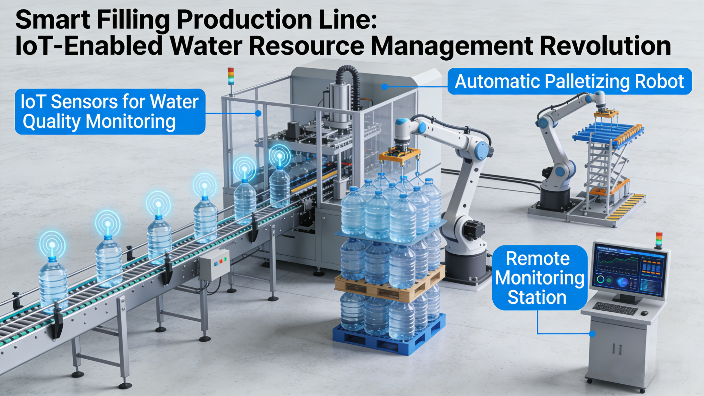 Linee di imbottigliamento intelligenti: una nuova rivoluzione nella gestione dell’acqua grazie all’integrazione IoT, alla pallettizzazione automatica e al monitoraggio remoto