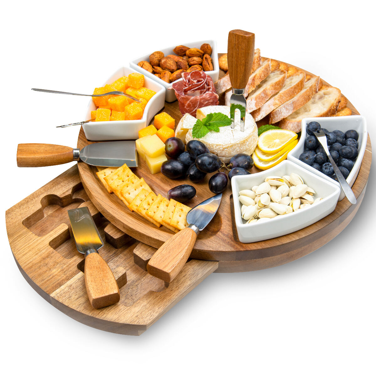 Set premium de planches à charcuterie en bois d'acacia avec bols en céramique et accessoires pour fromage