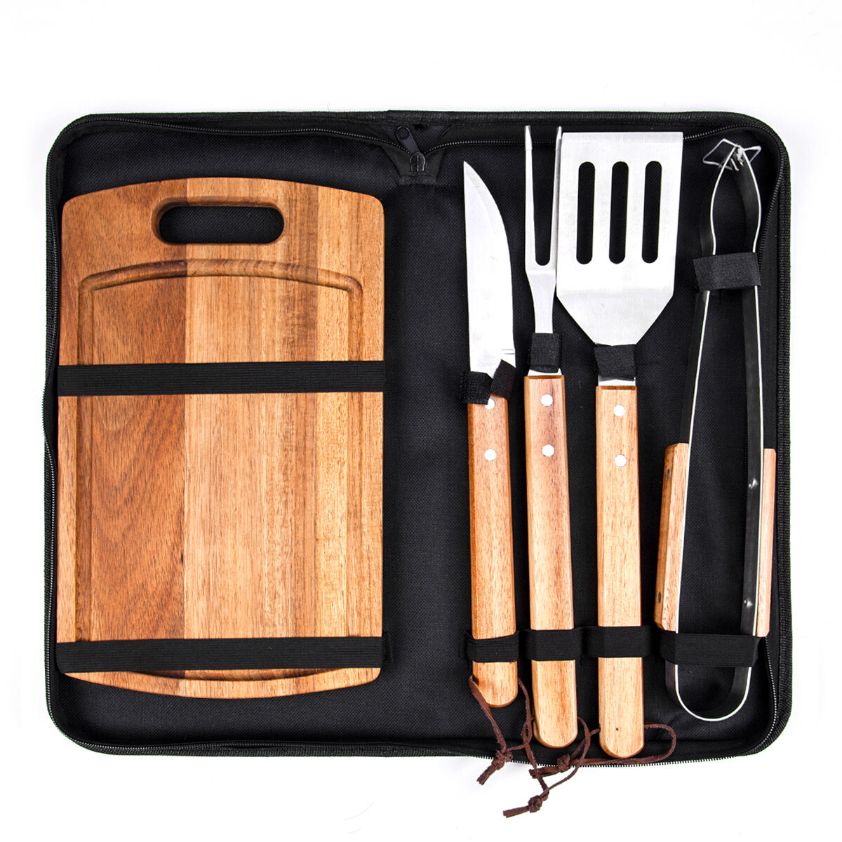 5-Piece Acacia Wood BBQ Tool Set & Cutting Board & Carry Case Stainless Steel Grill Utensils