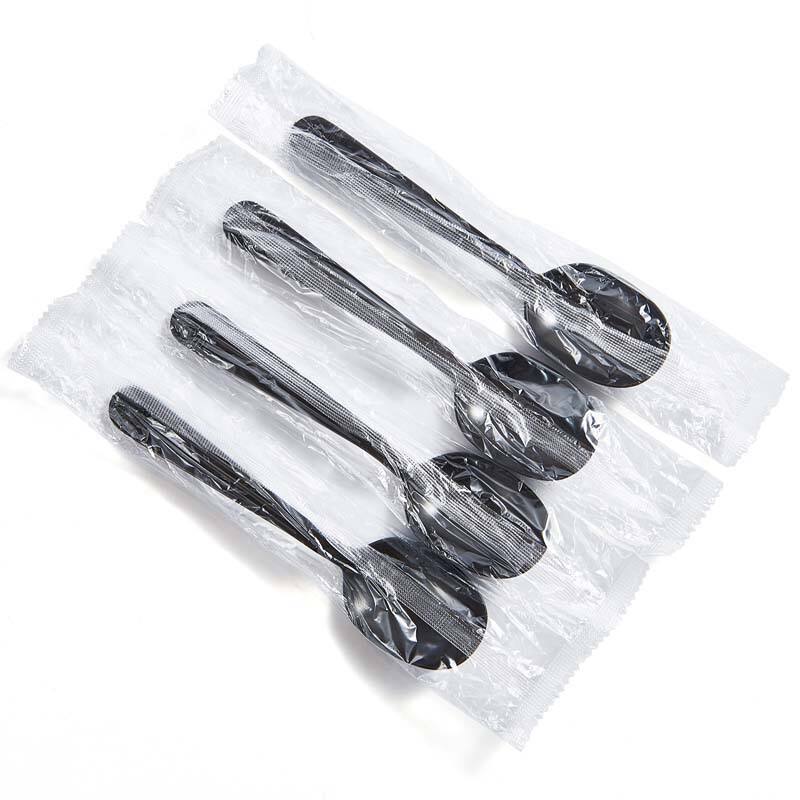 PP Plastic Heavy Weight Black Disposable Soup Spoon Individual Wrapped