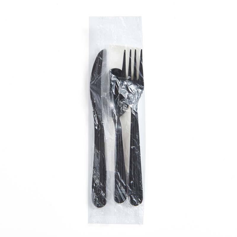 4in1 PP Plastic Heavy Weight Cutlery Kits Black Fork Teaspoon Knife Napkin Set