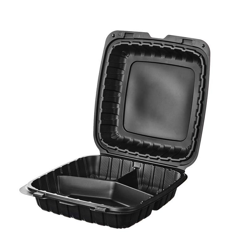 9''x 9'' 3 Compartment MFPP Black Hinged Container Clamshell Take Out Food Container