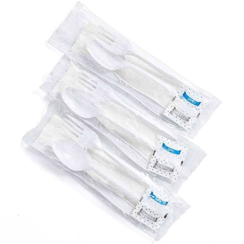 6in1 2.5g PP Plastic Medium Weight Cutlery Kits White Fork Spoon Knife Napkin Salt Pepper Set