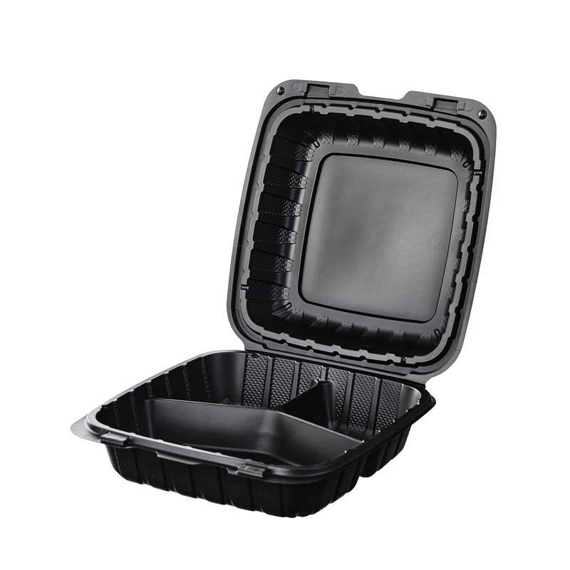 8''x 8'' 3 Compartment MFPP Black Hinged Container Clamshell Take Out Food Container