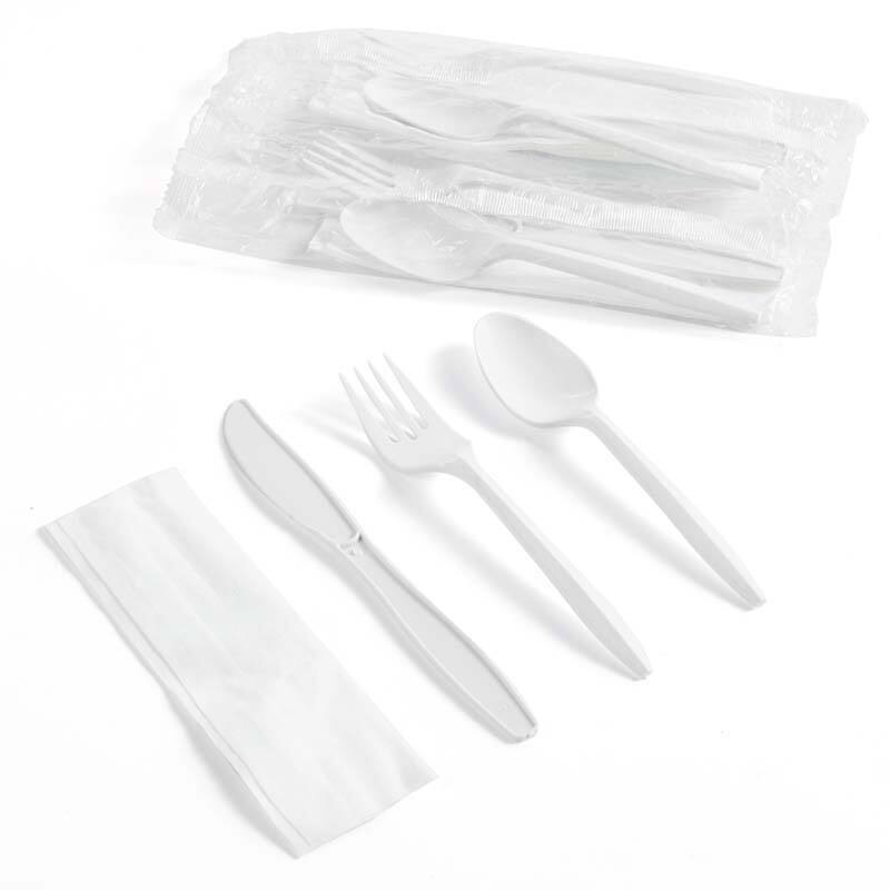 4in1 2.5g PP Plastic Medium Weight Cutlery Kits White Fork Tea Spoon Knife Napkin Set