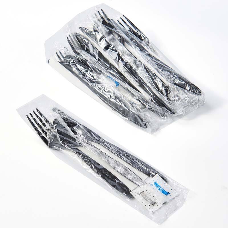 6in1 PS Plastic Heavy Weight Cutlery Kits Black Fork Spoon Knife Napkin Salt Pepper Set