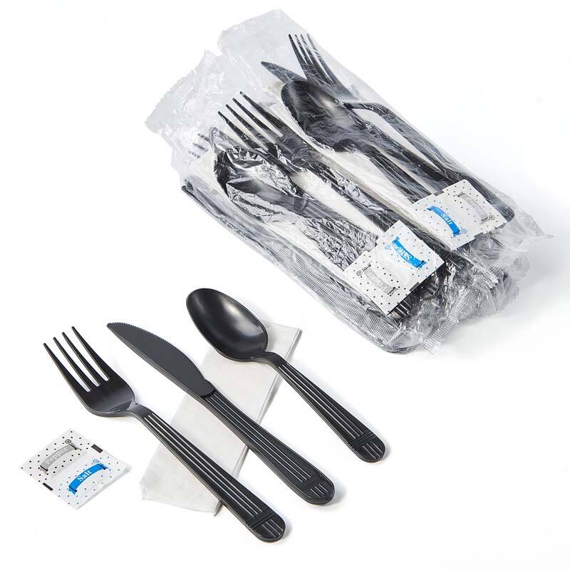 6in1 PP Plastic Heavy Weight Cutlery Kits Black Fork Teaspoon Knife Napkin Salt Pepper Set