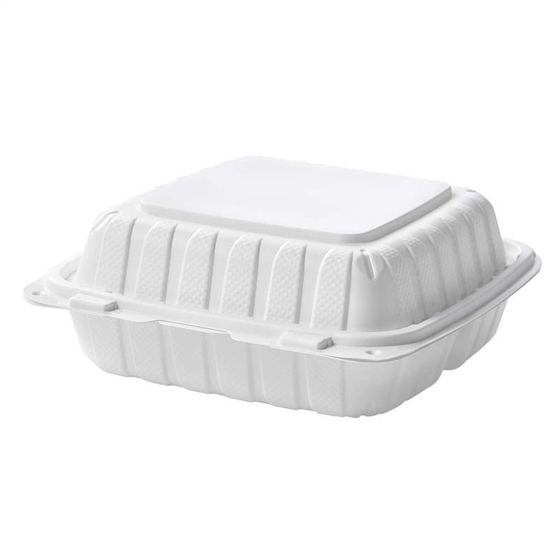 8''x 8'' 3 Compartment MFPP White Hinged Container Clamshell Take Out Food Container