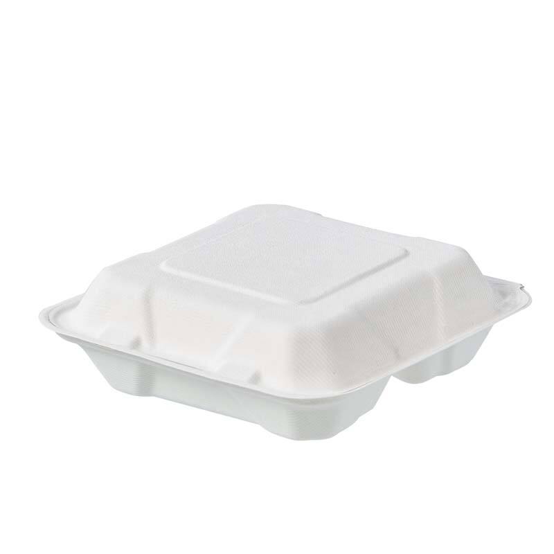 8'' x 8'' Gníomhach Déanach Gan PFAS Bagasse Hinged Containers Córa Pacáistí Bia Clamshell 3 Compartments