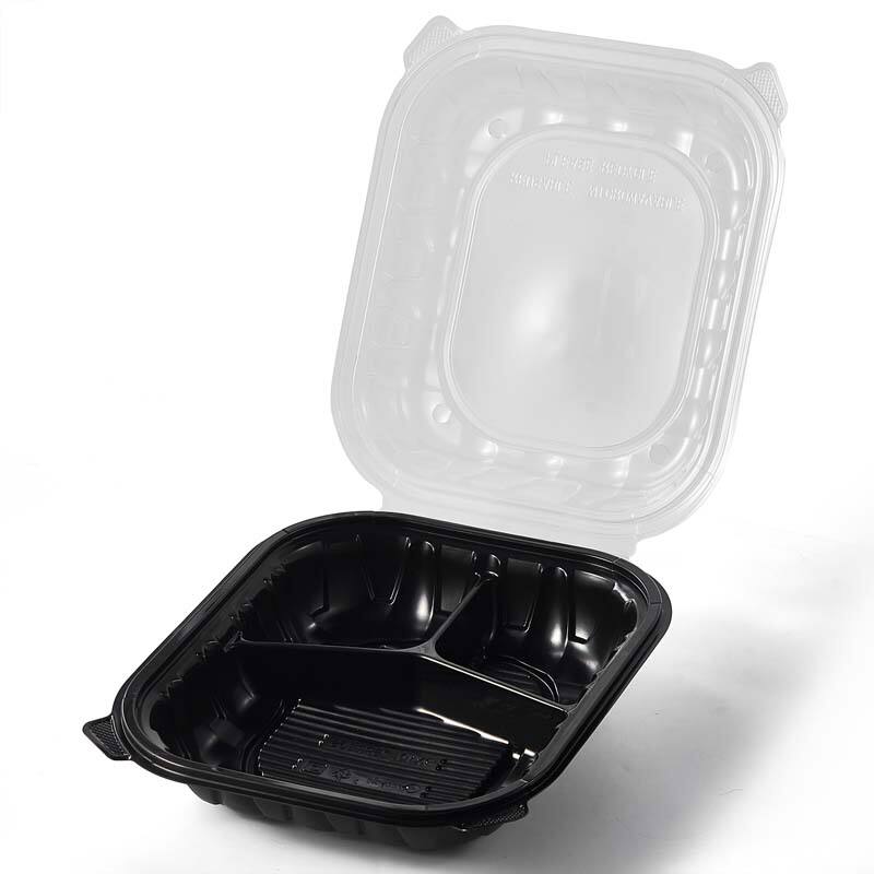 9''x 9'' 3 Compartment Black bottom with Clear Lid Hinged Container Take Out Food Container