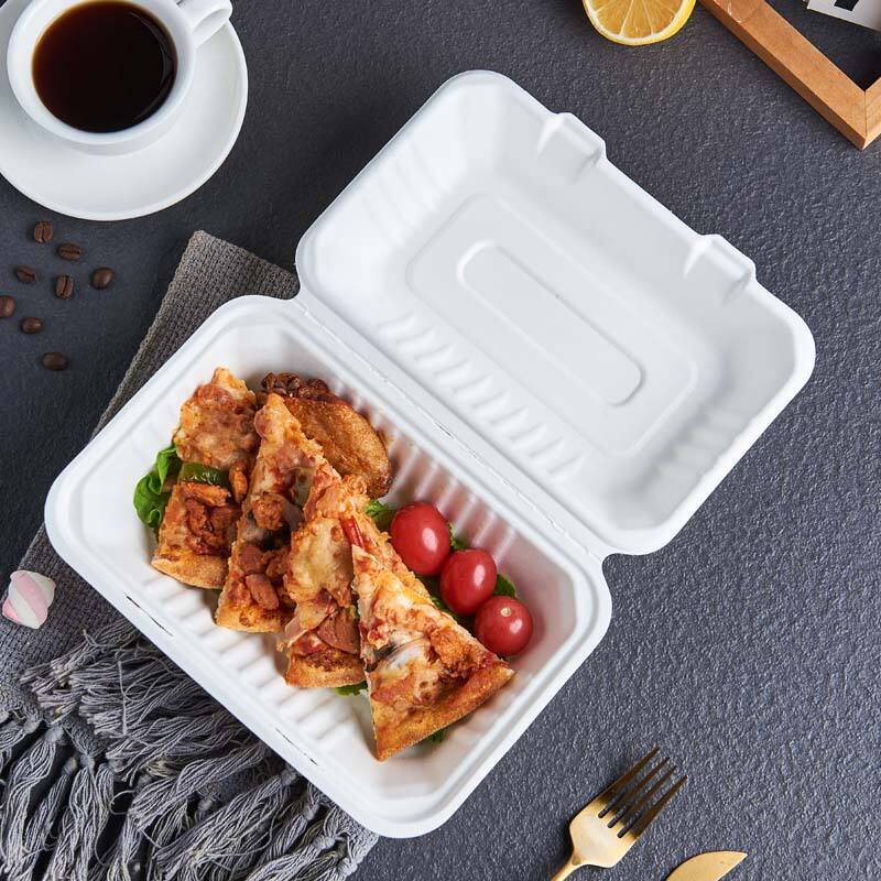 9'' x 6'' PFAS Free Compostable Bagasse Hinged Containers Biodegradable Clamshell Food Container