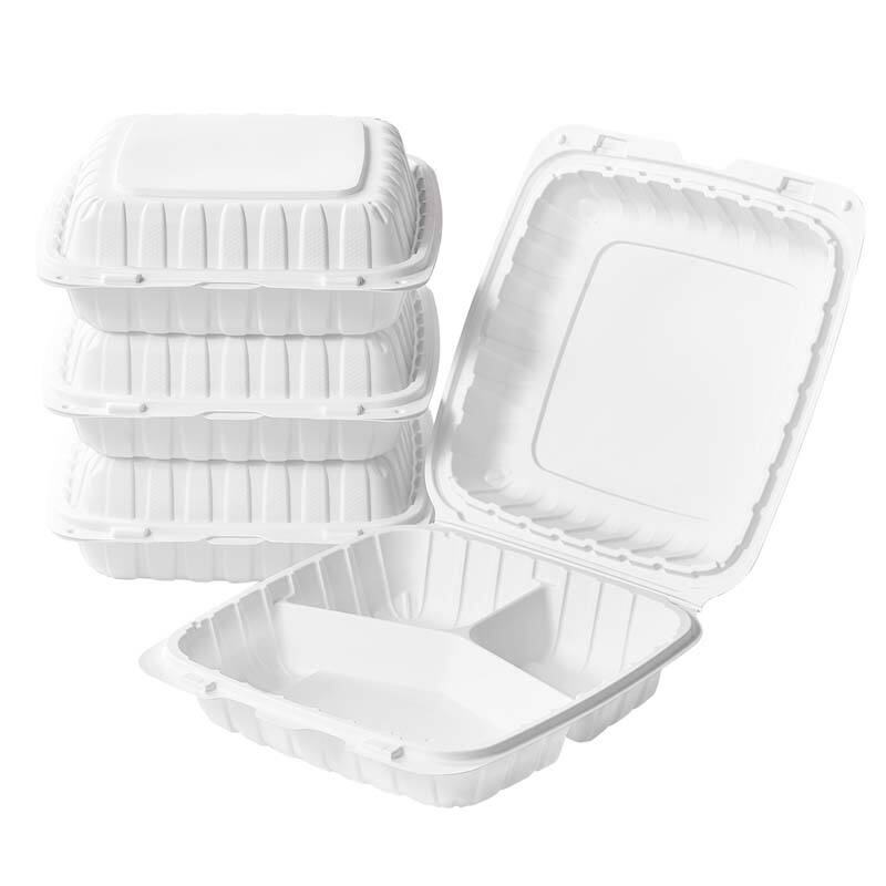 9''x 9'' 3 Compartment MFPP White Hinged Container Clamshell Take Out Food Container