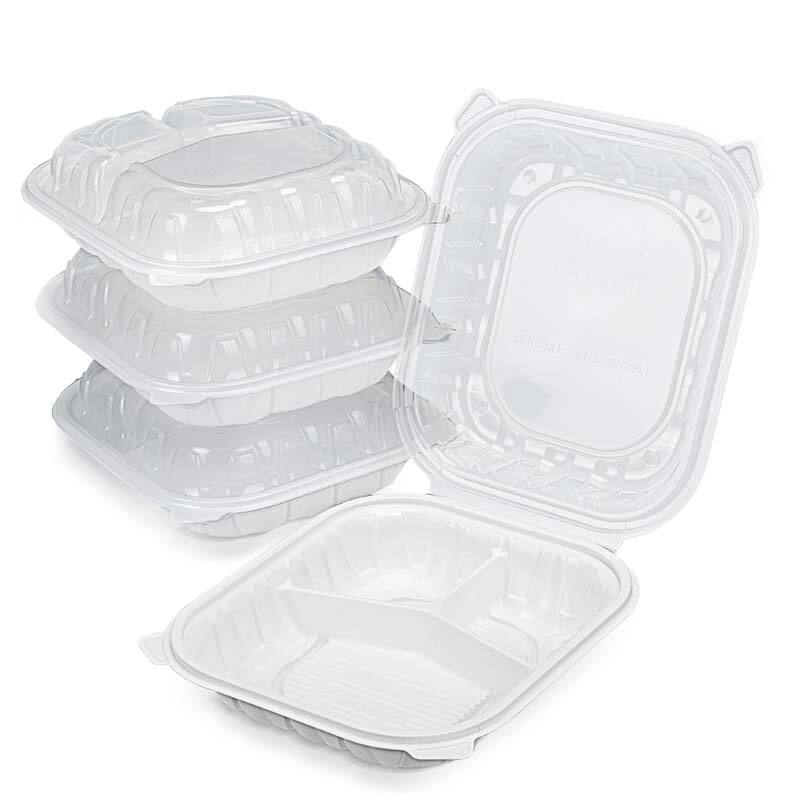 9''x 9'' 3 Compartment White bottom with Clear Lid Hinged Container Take Out Food Container