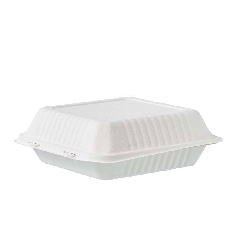 9'' x 9'' PFAS Free Compostable Bagasse Hinged Containers Biodegradable Clamshell Food Container