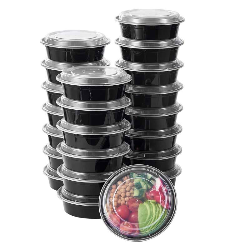 24 oz PP Plastic Microwavable Round Black Disposable Takeout Food Containers With Lids