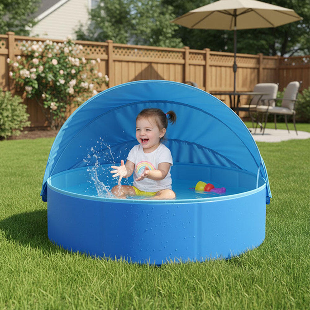 Aangepast opvouwbaar kinderzwembad, rond van vorm, buiten-speelbad met zonnescherm