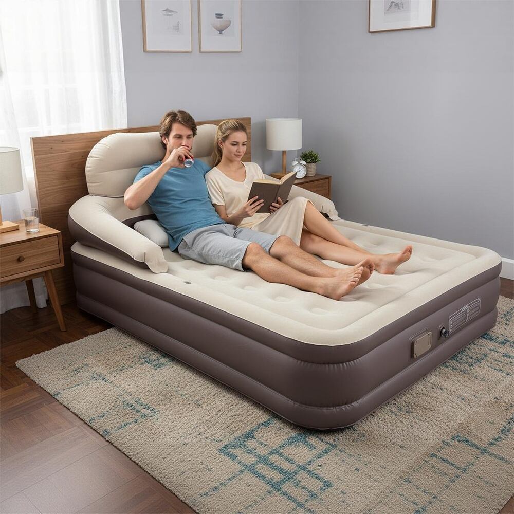 분리형 헤드보드 및 내장 배터리 펌프가 있는 퀸 사이즈 에어 매트리스, 캠핑용 에어 매트리스, 에어 베드