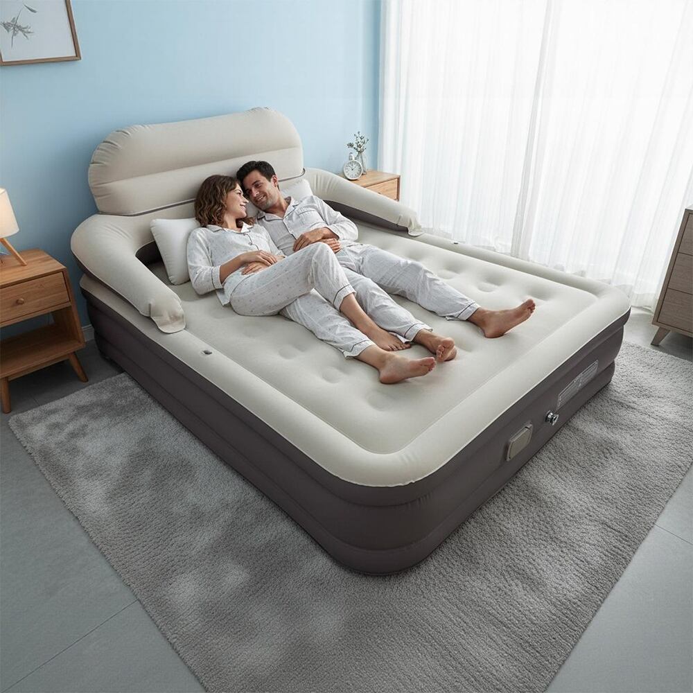 분리형 헤드보드 및 내장 배터리 펌프가 있는 퀸 사이즈 에어 매트리스, 캠핑용 에어 매트리스, 에어 베드